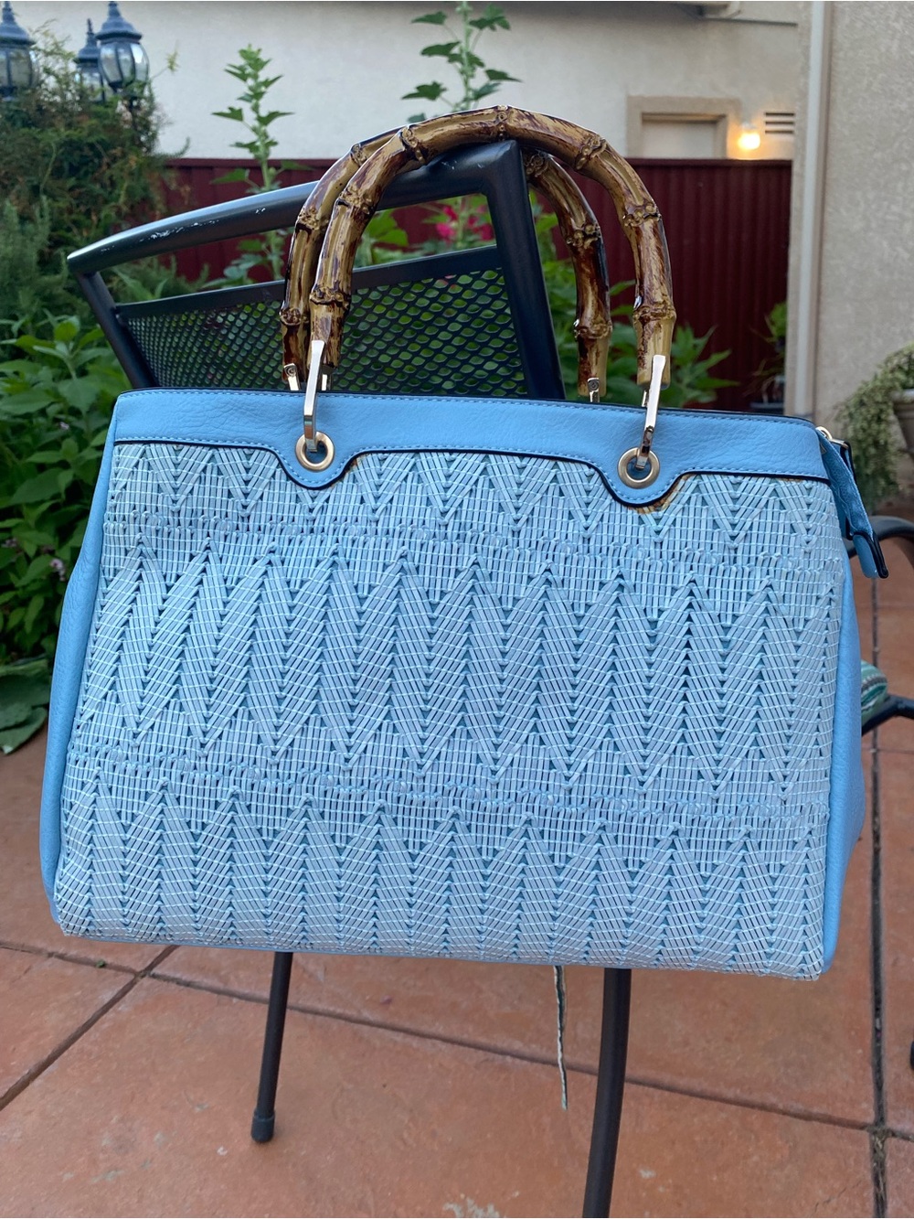 Blue Woven Tote Bag with Bamboo Handles
